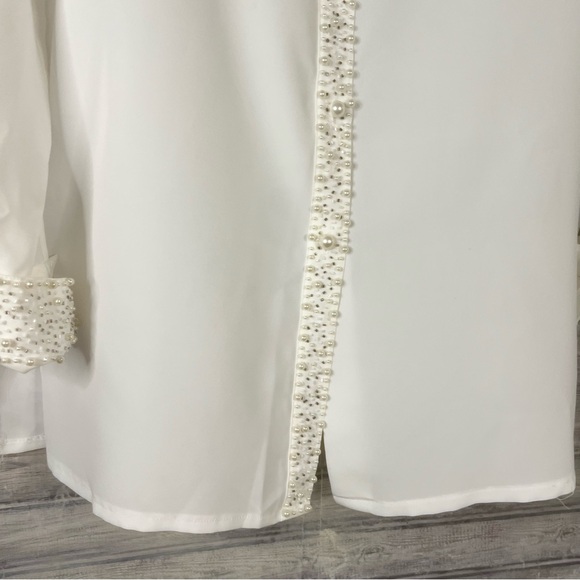 Vintage White Pearl Embellished Collar Sheer Long Sleeve Button Up Size Medium - Picture 8 of 16